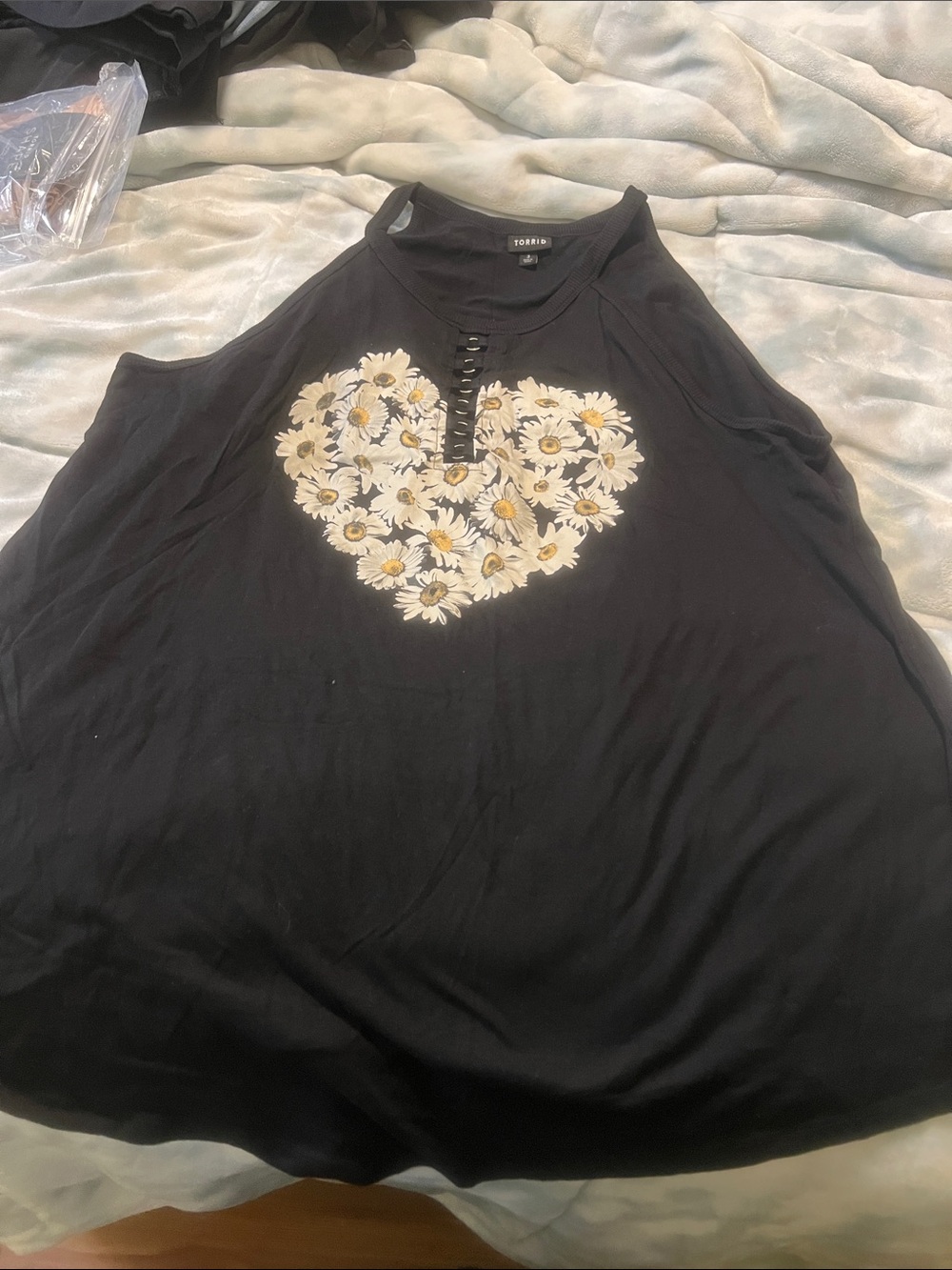 torrid Black Daisy Heart Cold-Shoulder Tank with Ladder Neck